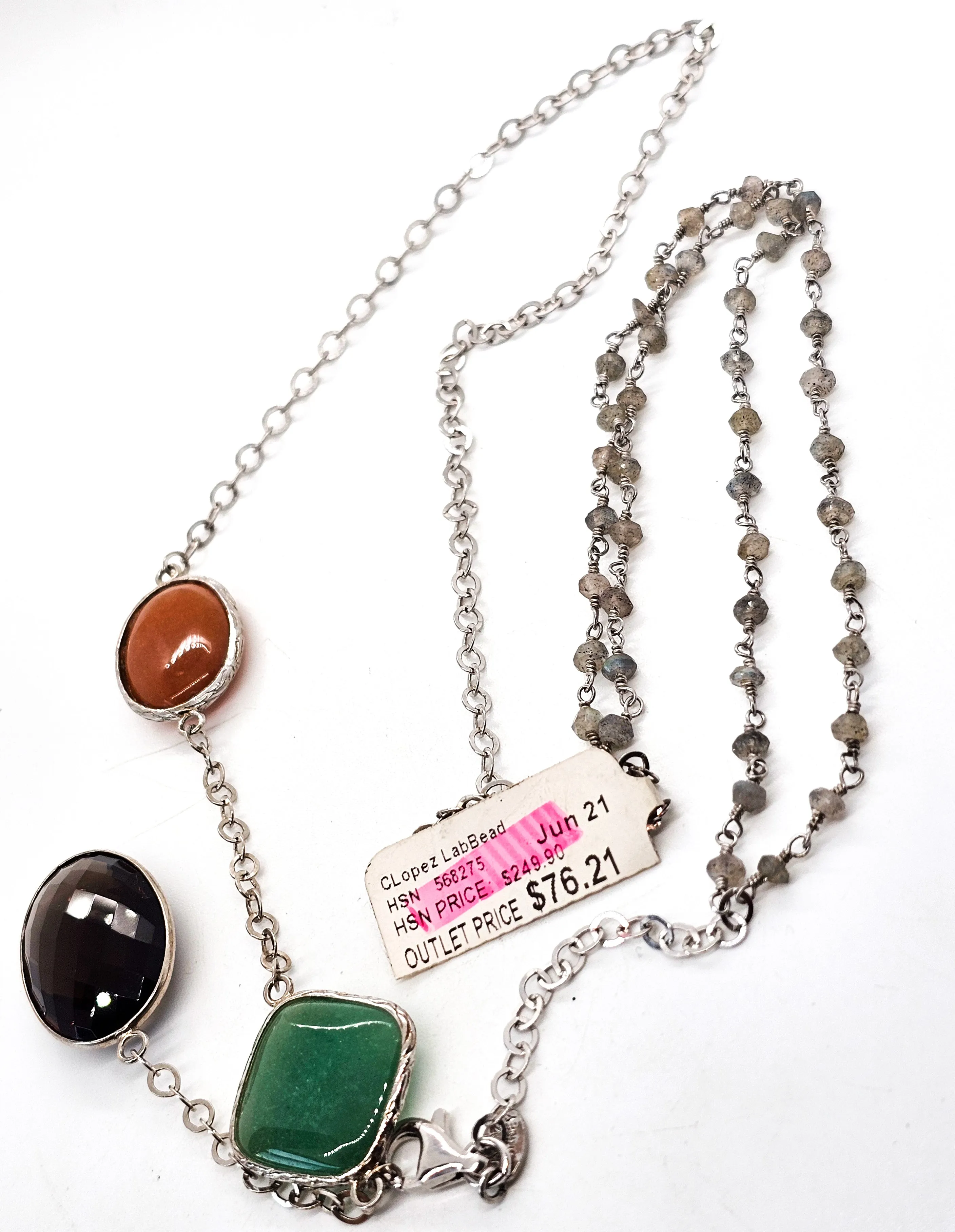 Colleen Lopez smoky quartz, chrysoprase jade & labradorite sterling silver station necklace