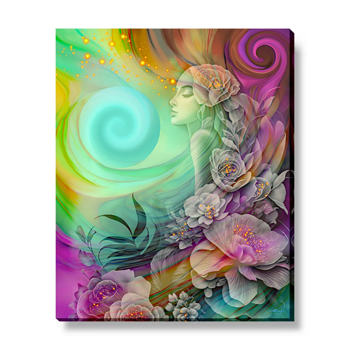 Colorful Goddess Art with Rainbow Flowers, Positive Energy Artwork - "Flower Child"