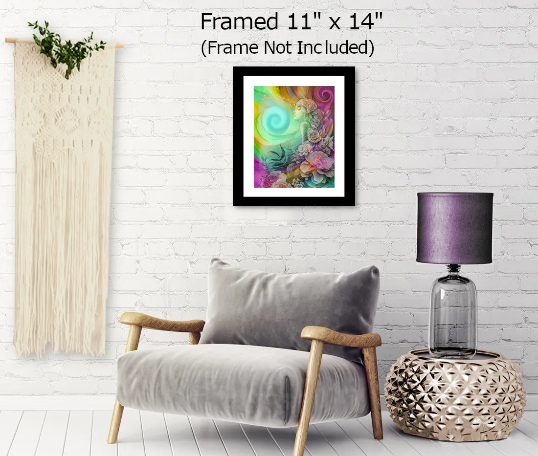 Colorful Goddess Art with Rainbow Flowers, Positive Energy Artwork - "Flower Child"