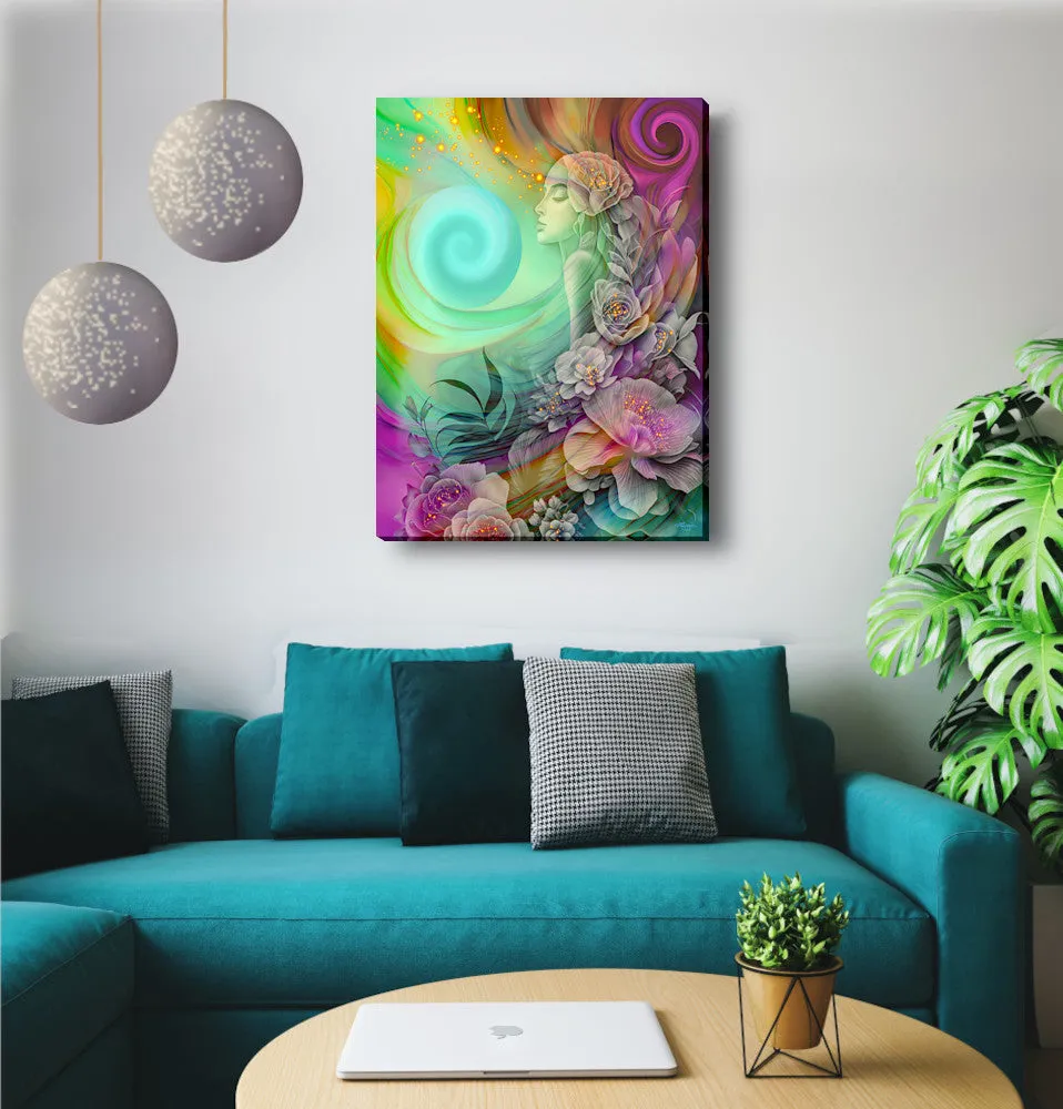Colorful Goddess Art with Rainbow Flowers, Positive Energy Artwork - "Flower Child"
