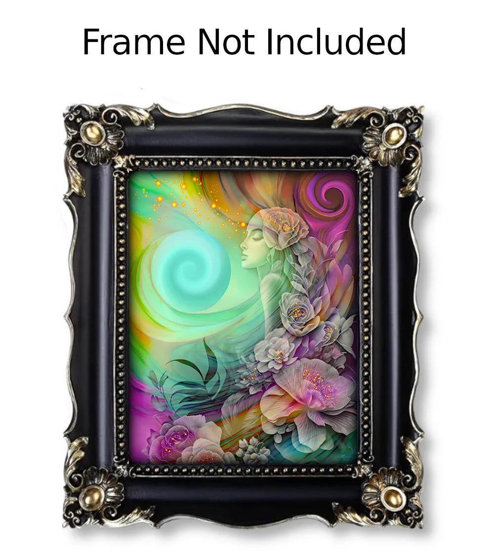 Colorful Goddess Art with Rainbow Flowers, Positive Energy Artwork - "Flower Child"