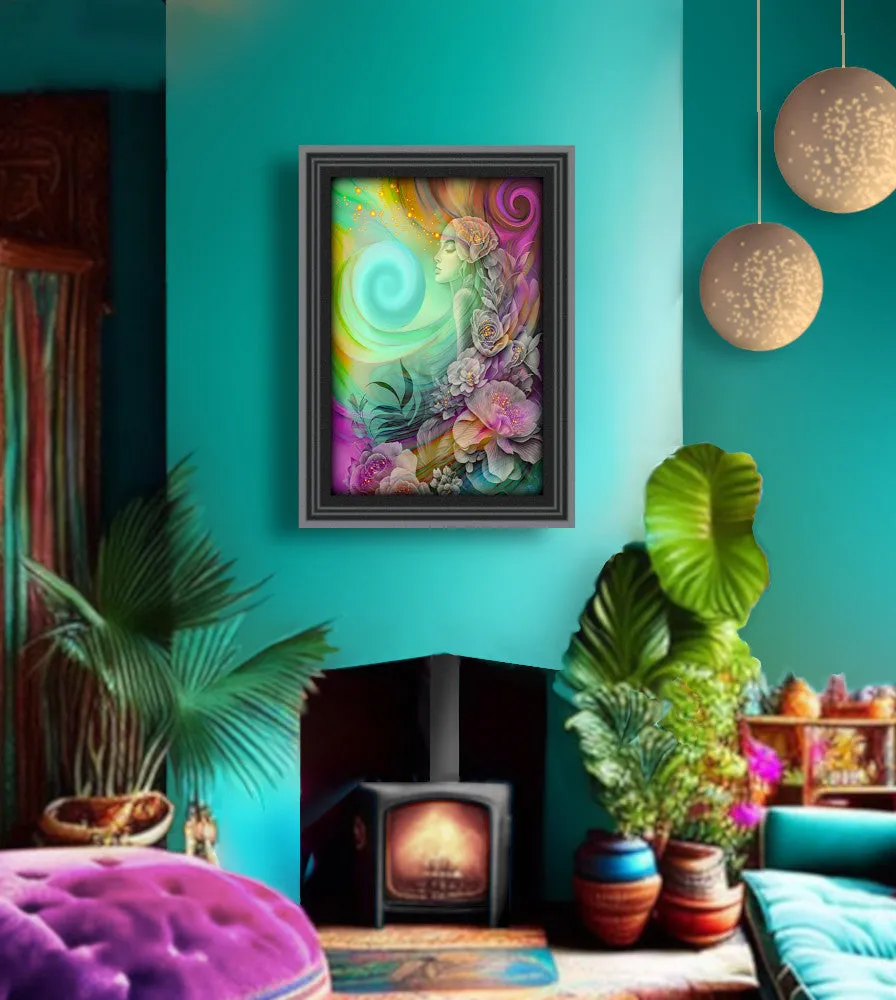 Colorful Goddess Art with Rainbow Flowers, Positive Energy Artwork - "Flower Child"