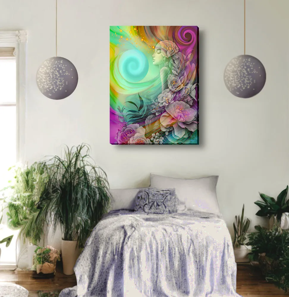 Colorful Goddess Art with Rainbow Flowers, Positive Energy Artwork - "Flower Child"