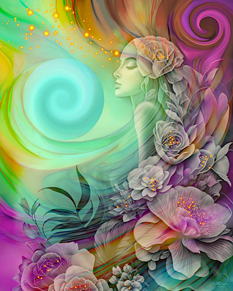 Colorful Goddess Art with Rainbow Flowers, Positive Energy Artwork - "Flower Child"