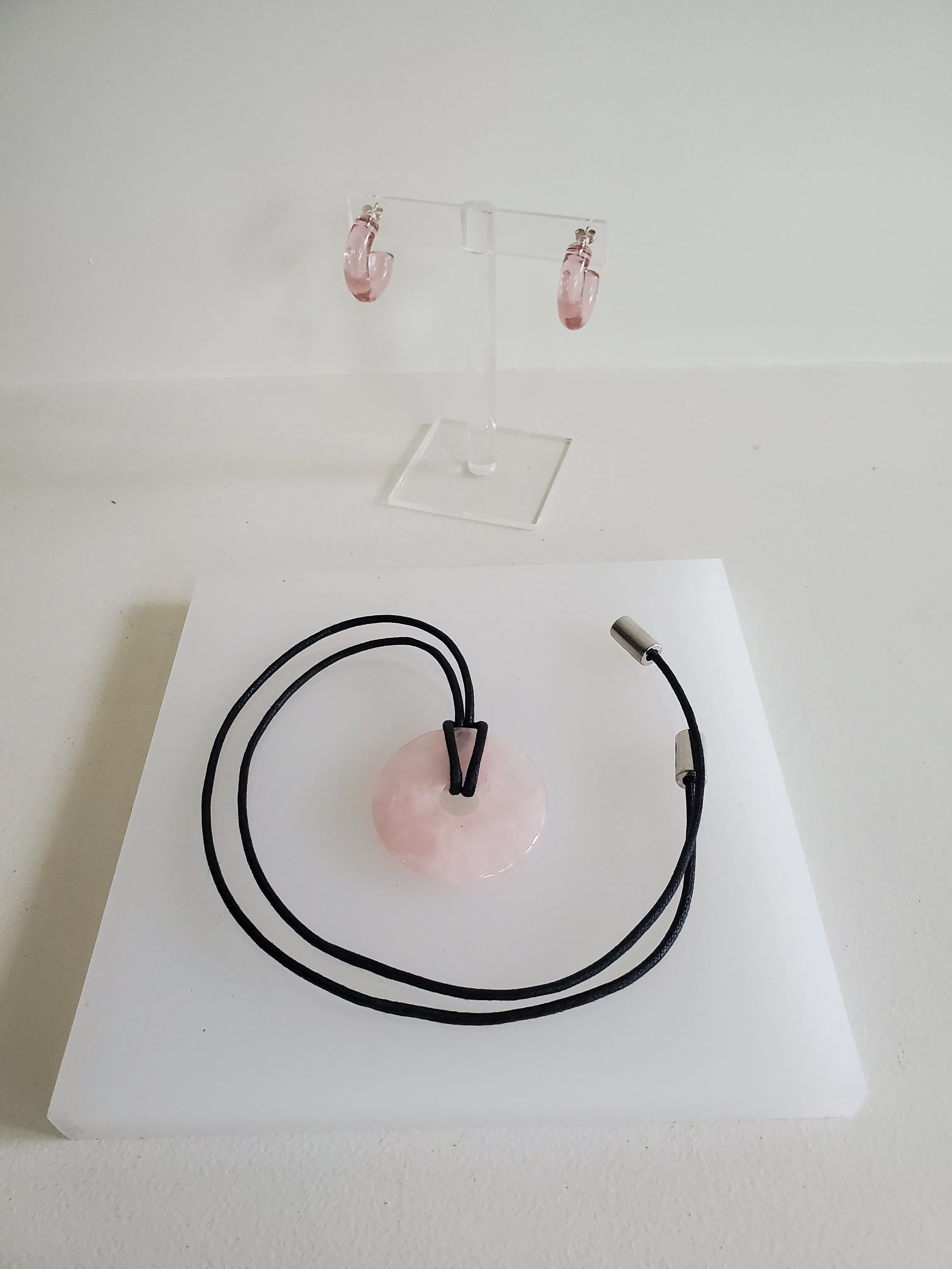 Cord Necklace with Stone Circle Pendant - Rose Quartz