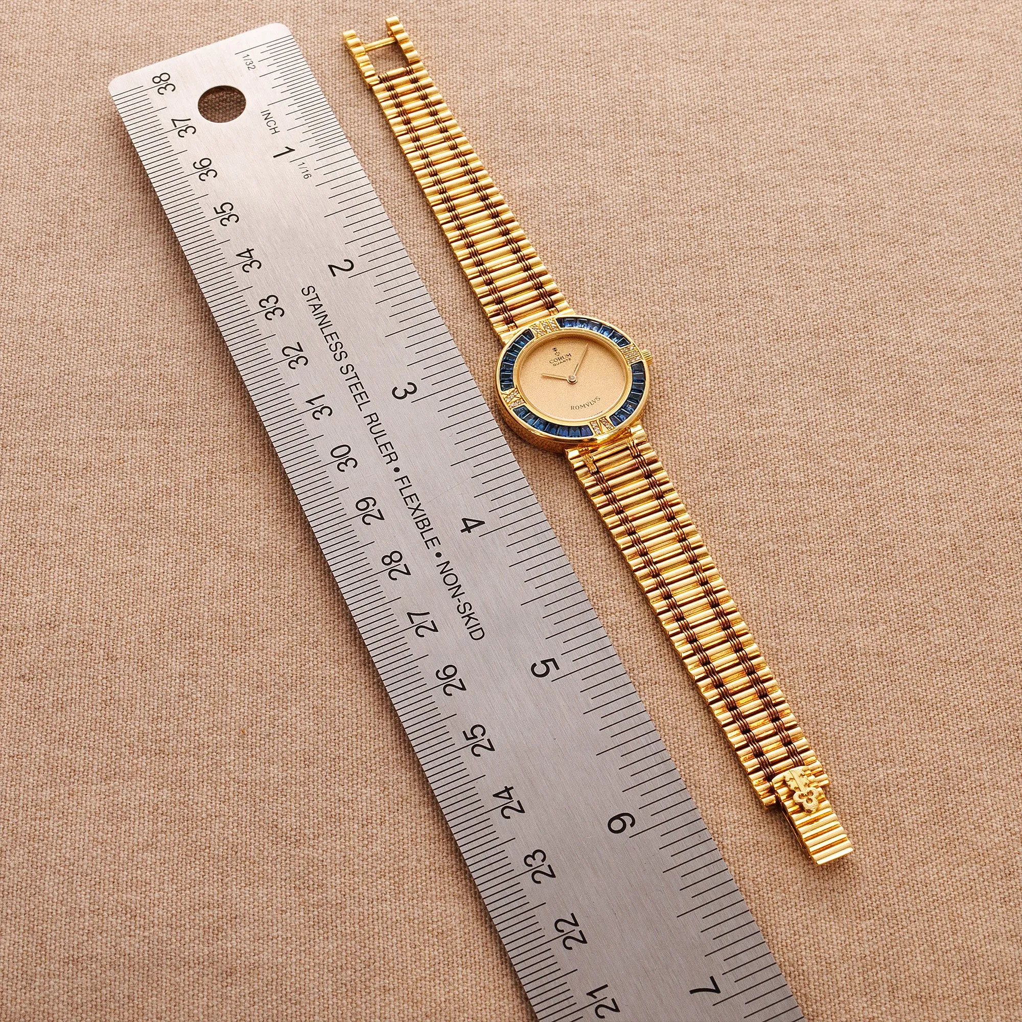 Corum Yellow Gold Romulus Bamboo Watch with Sapphires