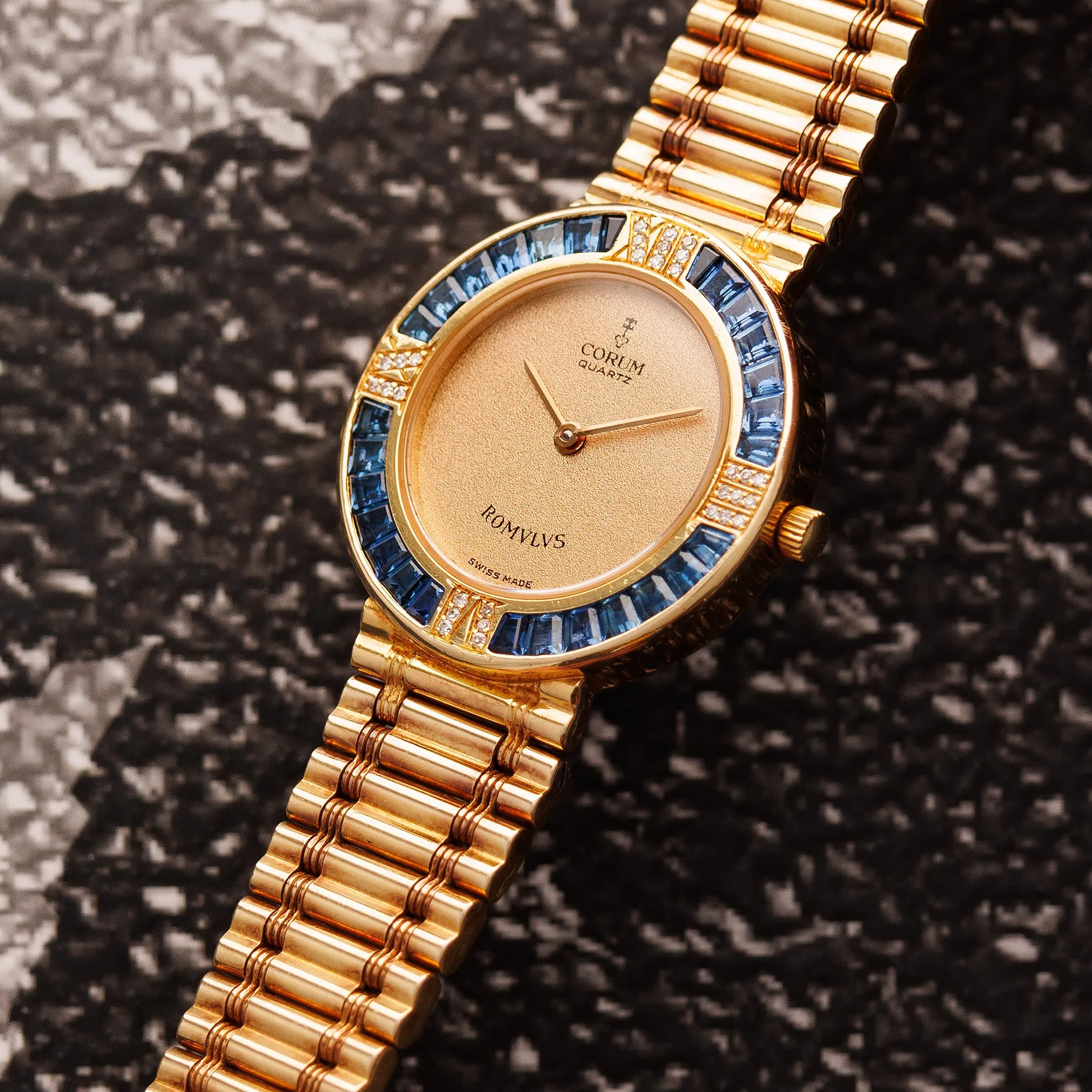 Corum Yellow Gold Romulus Bamboo Watch with Sapphires