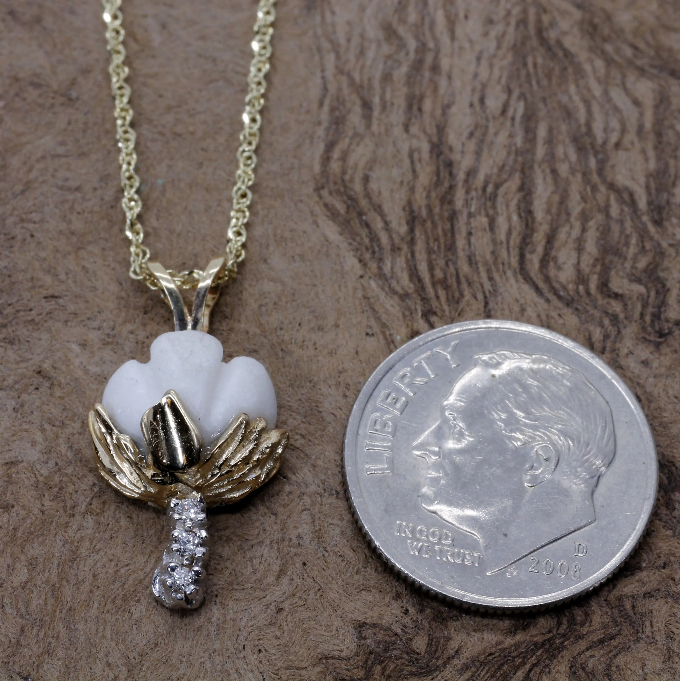 Cotton Boll Necklace And Dangle Earrings with Diamonds in Yellow Gold