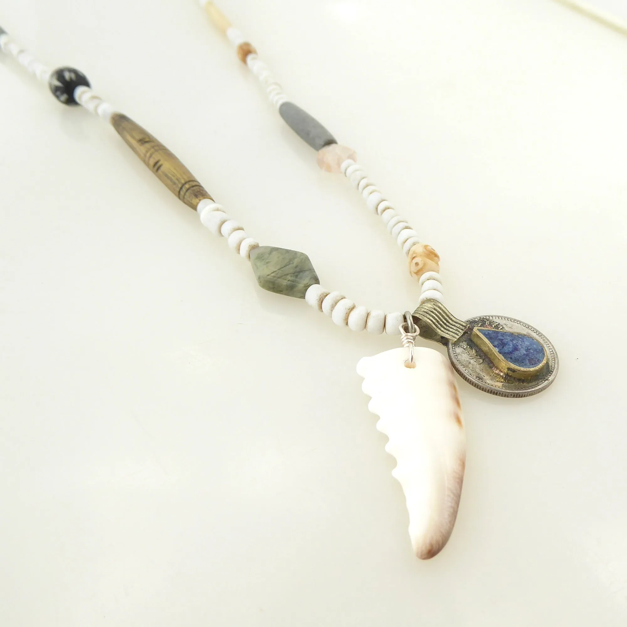 Cowrie shell and lapis lazuli necklace