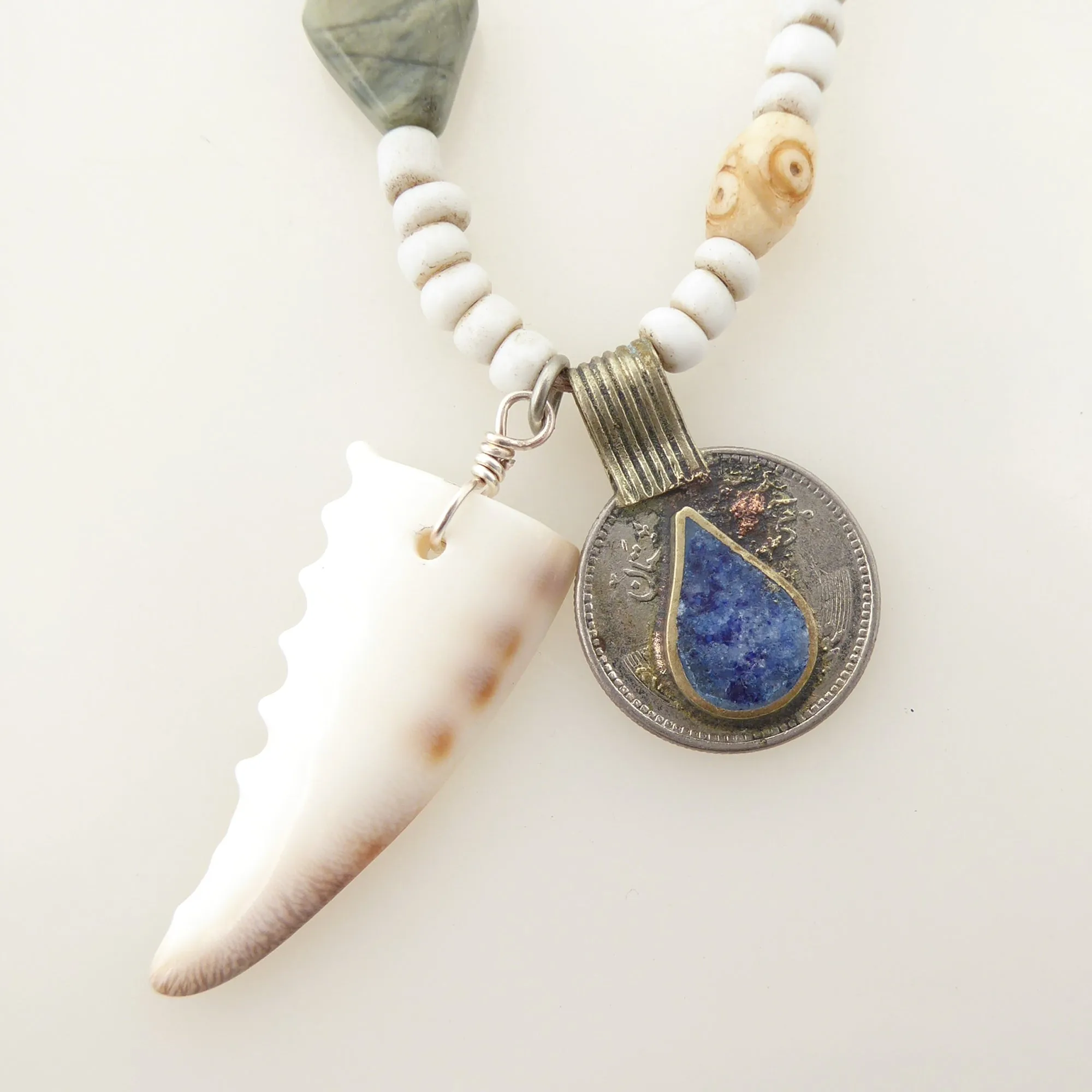 Cowrie shell and lapis lazuli necklace