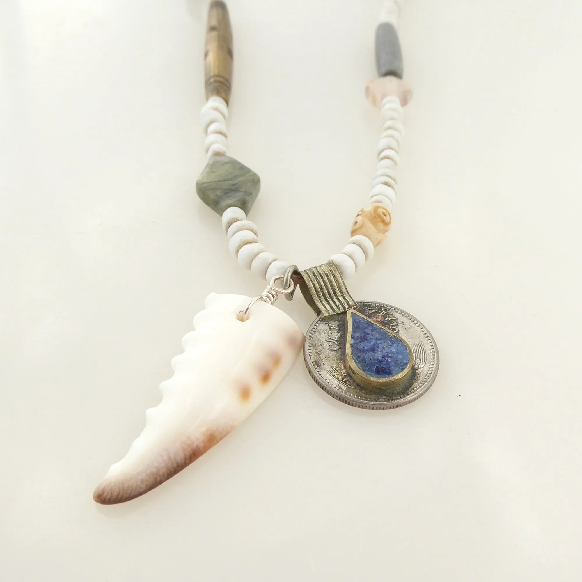 Cowrie shell and lapis lazuli necklace