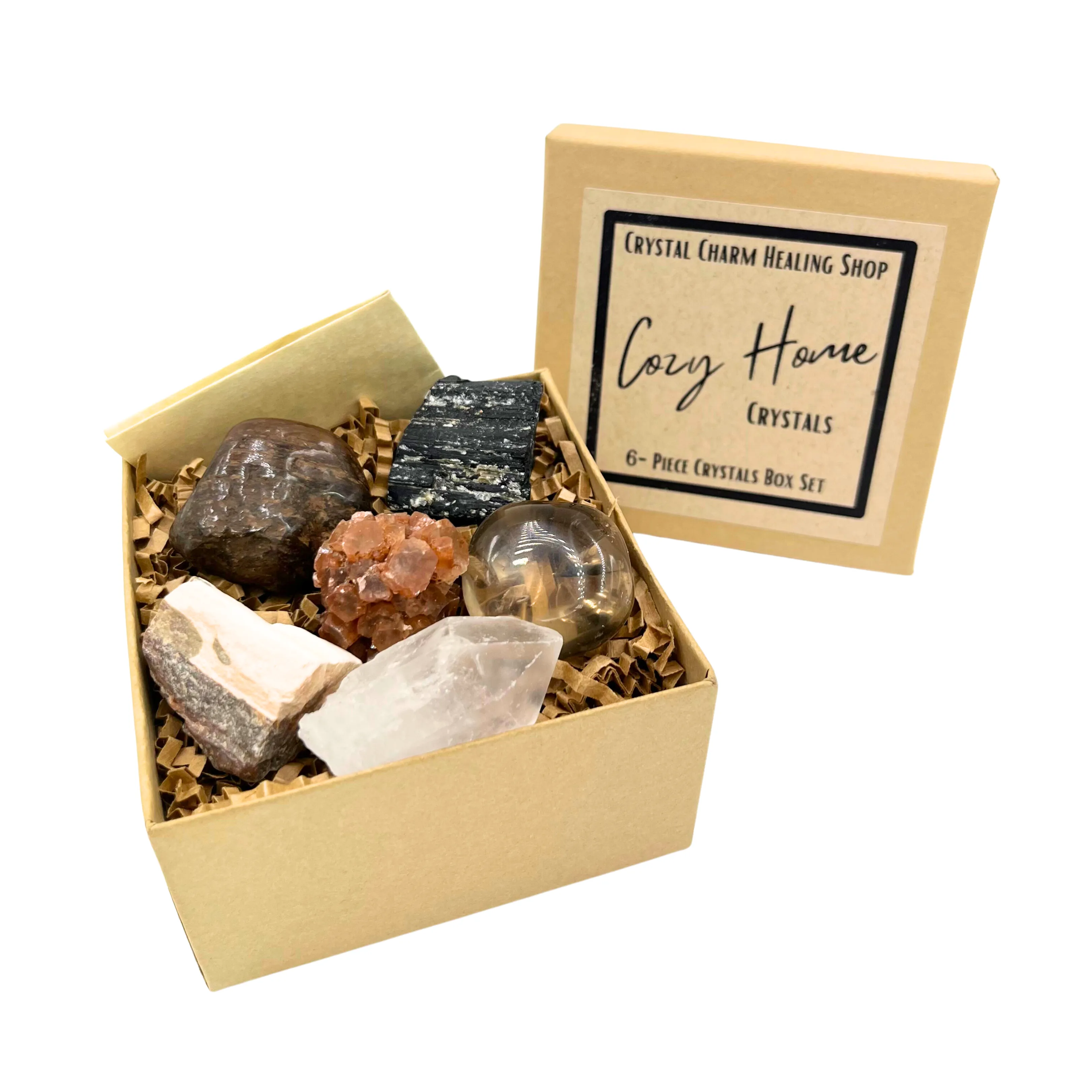 Cozy Home 6-Crystals | Housewarming, New Home Stones, & Home Protection | Aragonite, Smoky Quartz, Bronzite, Petrified Wood, Black Tourmaline, & Clear Quartz
