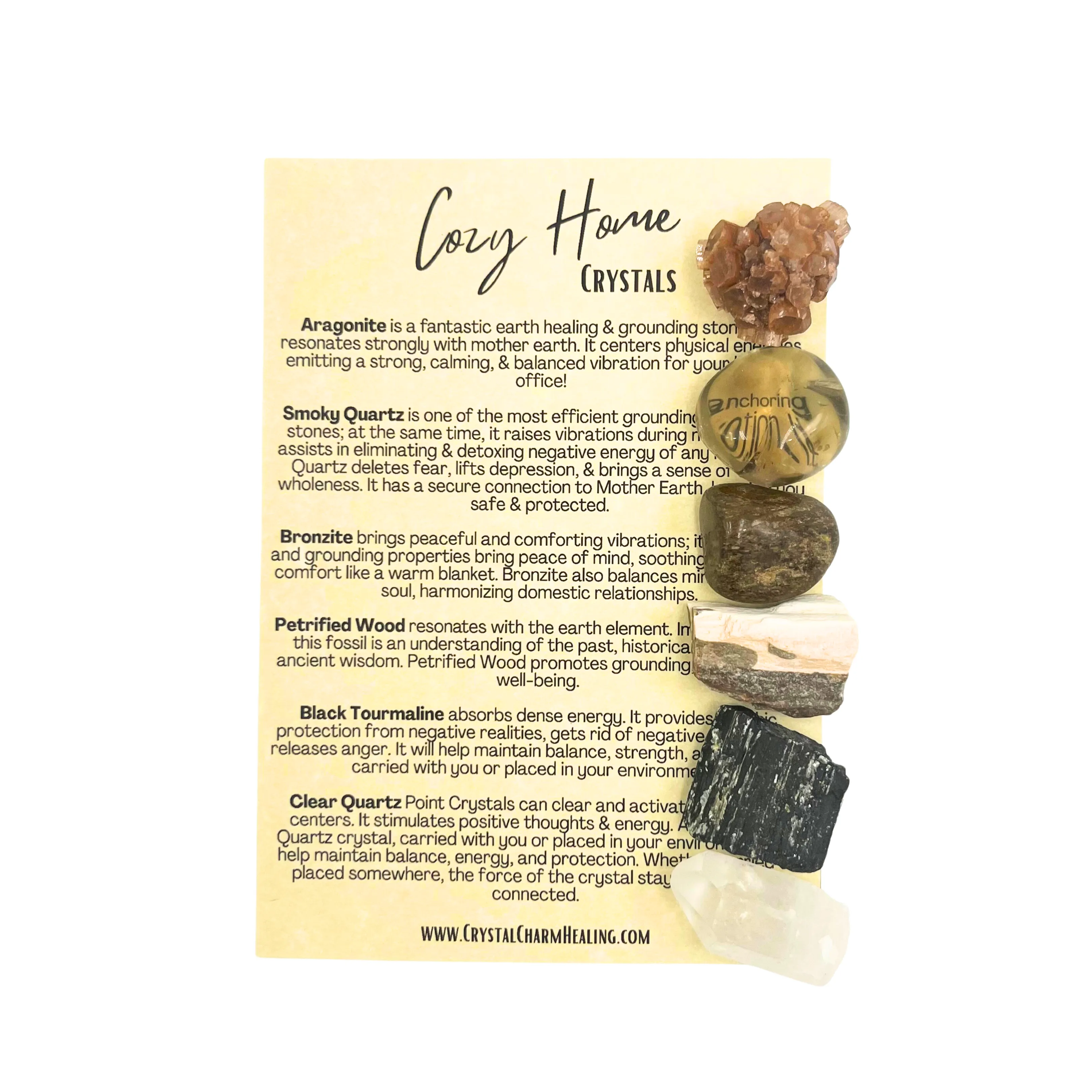 Cozy Home 6-Crystals | Housewarming, New Home Stones, & Home Protection | Aragonite, Smoky Quartz, Bronzite, Petrified Wood, Black Tourmaline, & Clear Quartz