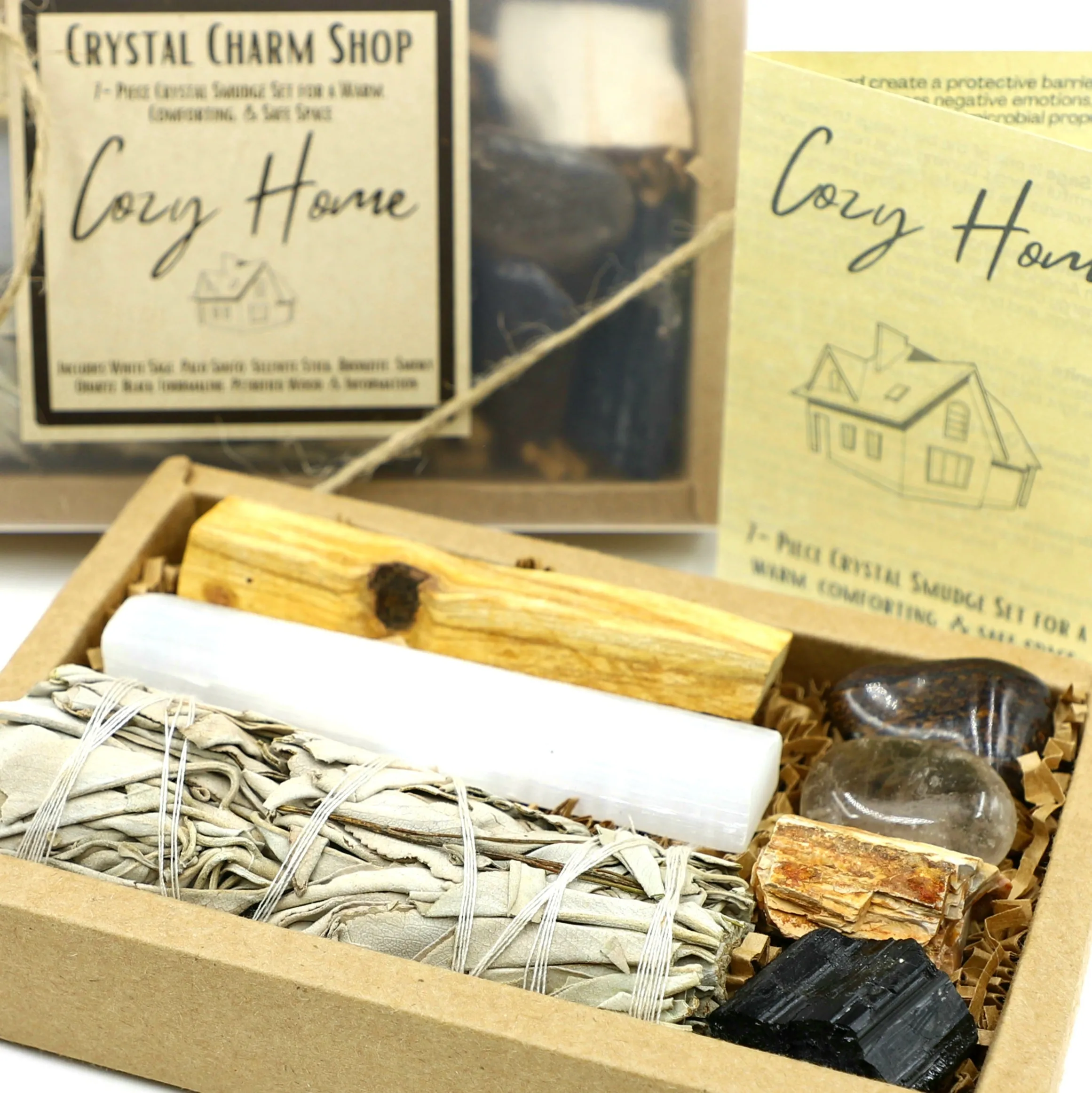 Cozy Home 7-Piece Smudge Kit | Housewarming Gift Set | Includes: White Sage Bundle, Palo Santo, Selenite, Smoky Quartz, Bronzite, Petrified Wood, & Black Tourmaline