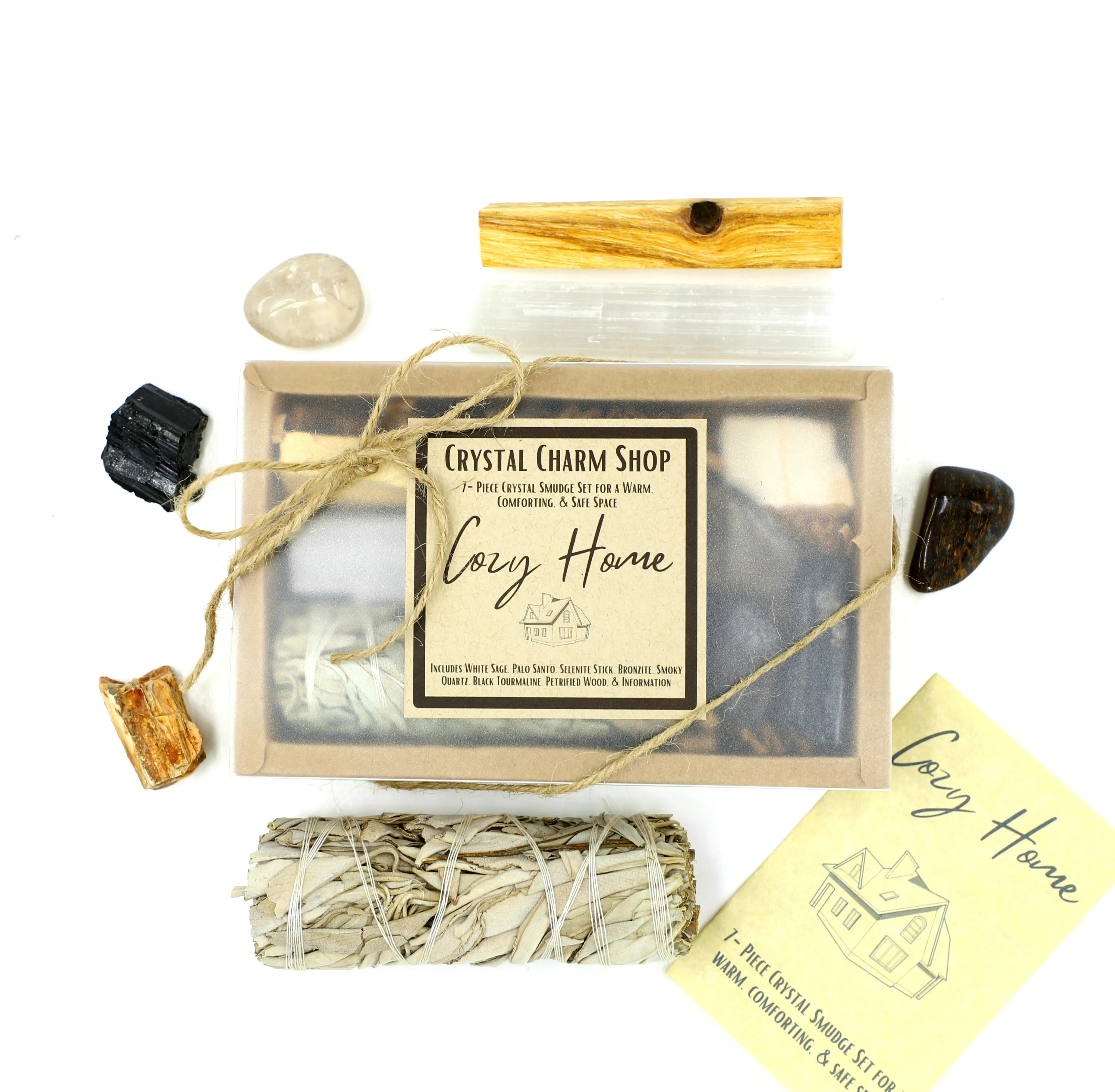 Cozy Home 7-Piece Smudge Kit | Housewarming Gift Set | Includes: White Sage Bundle, Palo Santo, Selenite, Smoky Quartz, Bronzite, Petrified Wood, & Black Tourmaline