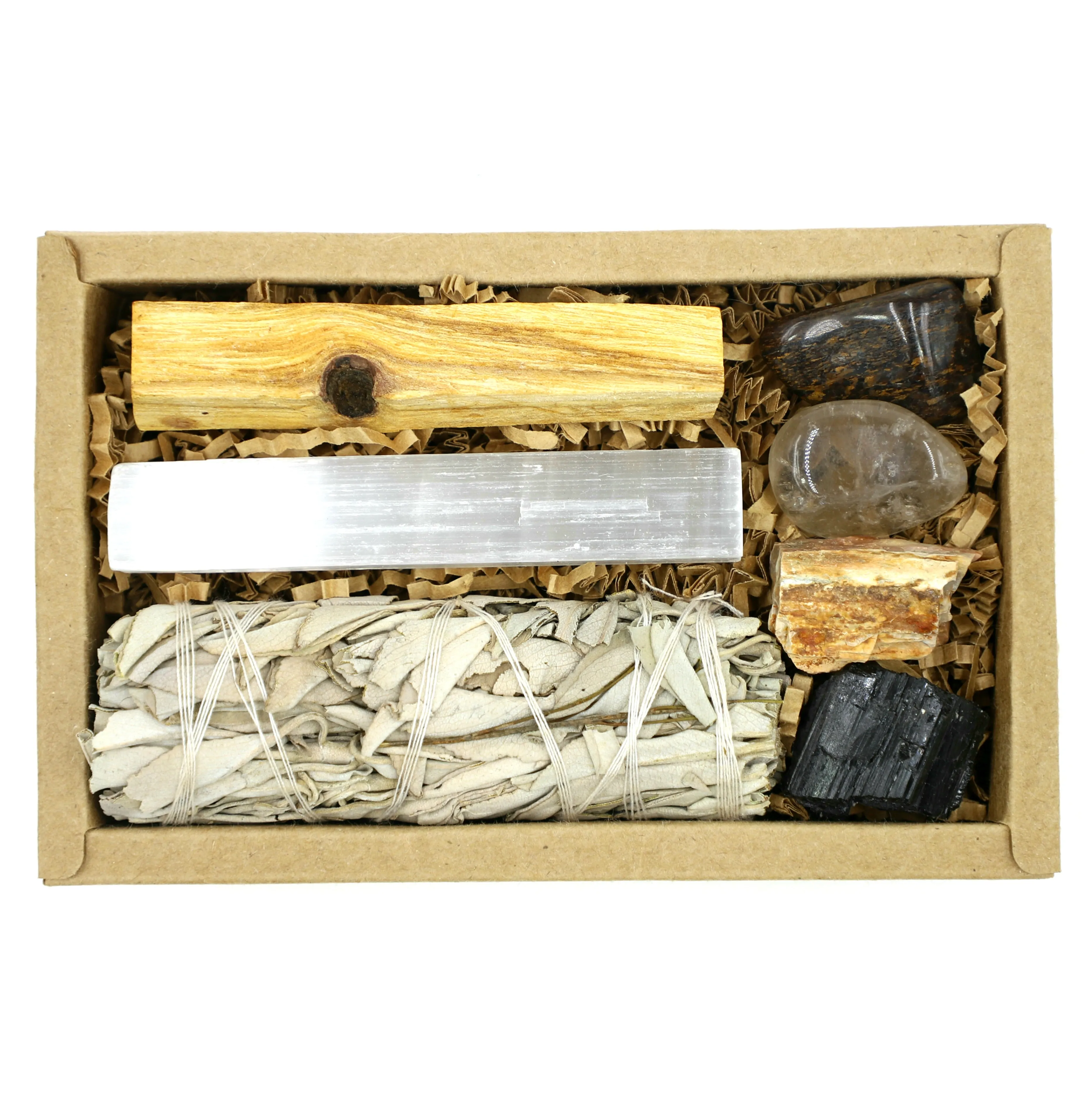 Cozy Home 7-Piece Smudge Kit | Housewarming Gift Set | Includes: White Sage Bundle, Palo Santo, Selenite, Smoky Quartz, Bronzite, Petrified Wood, & Black Tourmaline