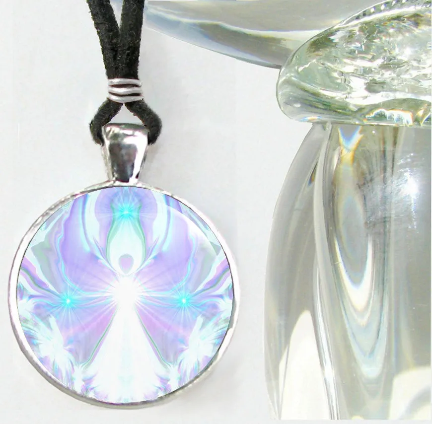 Crown Chakra Necklace, Violet White Pendant with Angel Art - "On the Wings of Angels"