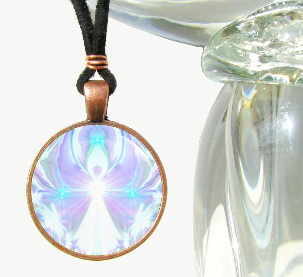 Crown Chakra Necklace, Violet White Pendant with Angel Art - "On the Wings of Angels"