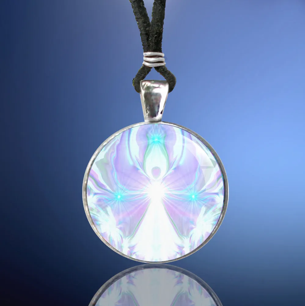 Crown Chakra Necklace, Violet White Pendant with Angel Art - "On the Wings of Angels"
