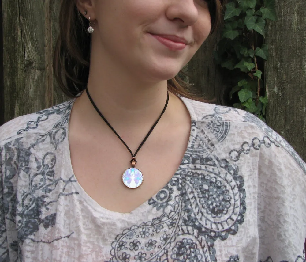 Crown Chakra Necklace, Violet White Pendant with Angel Art - "On the Wings of Angels"