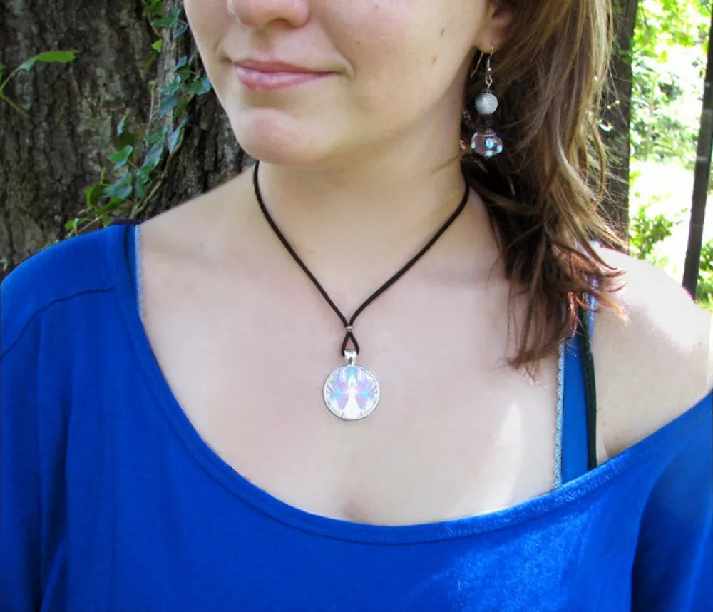 Crown Chakra Necklace, Violet White Pendant with Angel Art - "On the Wings of Angels"