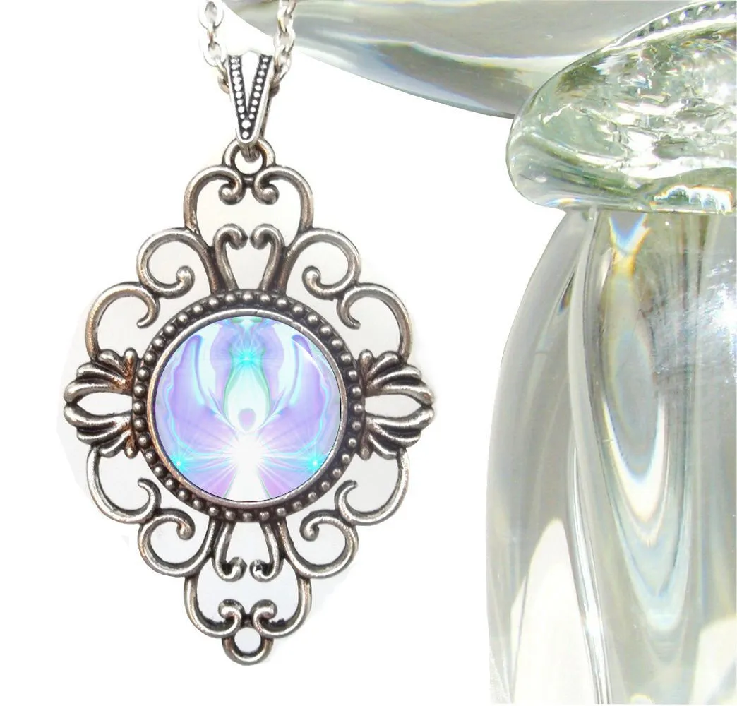 Crown Chakra Necklace, White Violet Angel Pendant, Metaphysical Art - "On The Wings"