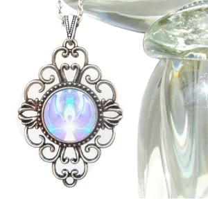 Crown Chakra Necklace, White Violet Angel Pendant, Metaphysical Art - "On The Wings"