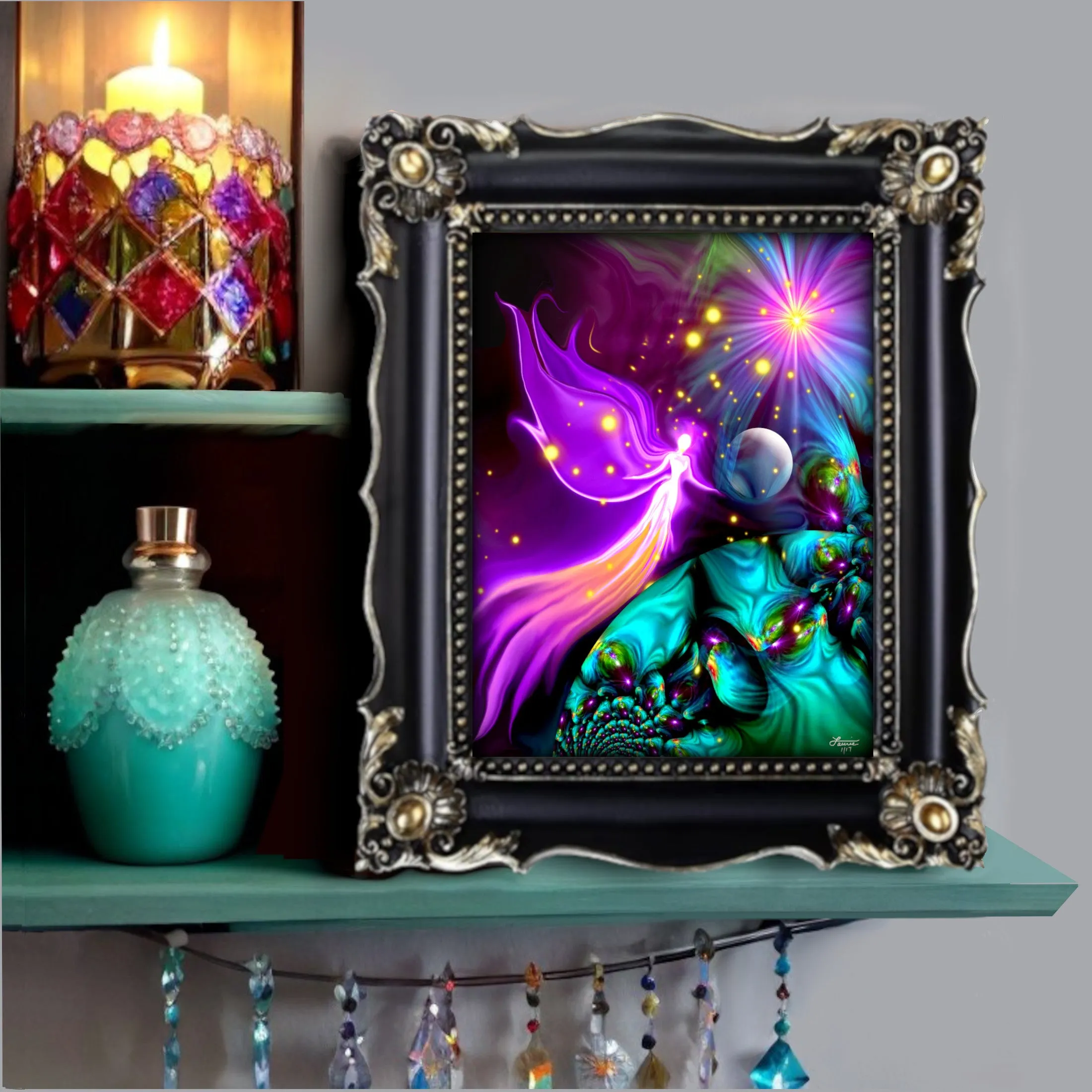 Crown Chakra Pink Guardian Angel, Celestial Art, Stars, Moon, Earth - "Divine Protection