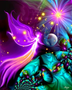 Crown Chakra Pink Guardian Angel, Celestial Art, Stars, Moon, Earth - "Divine Protection