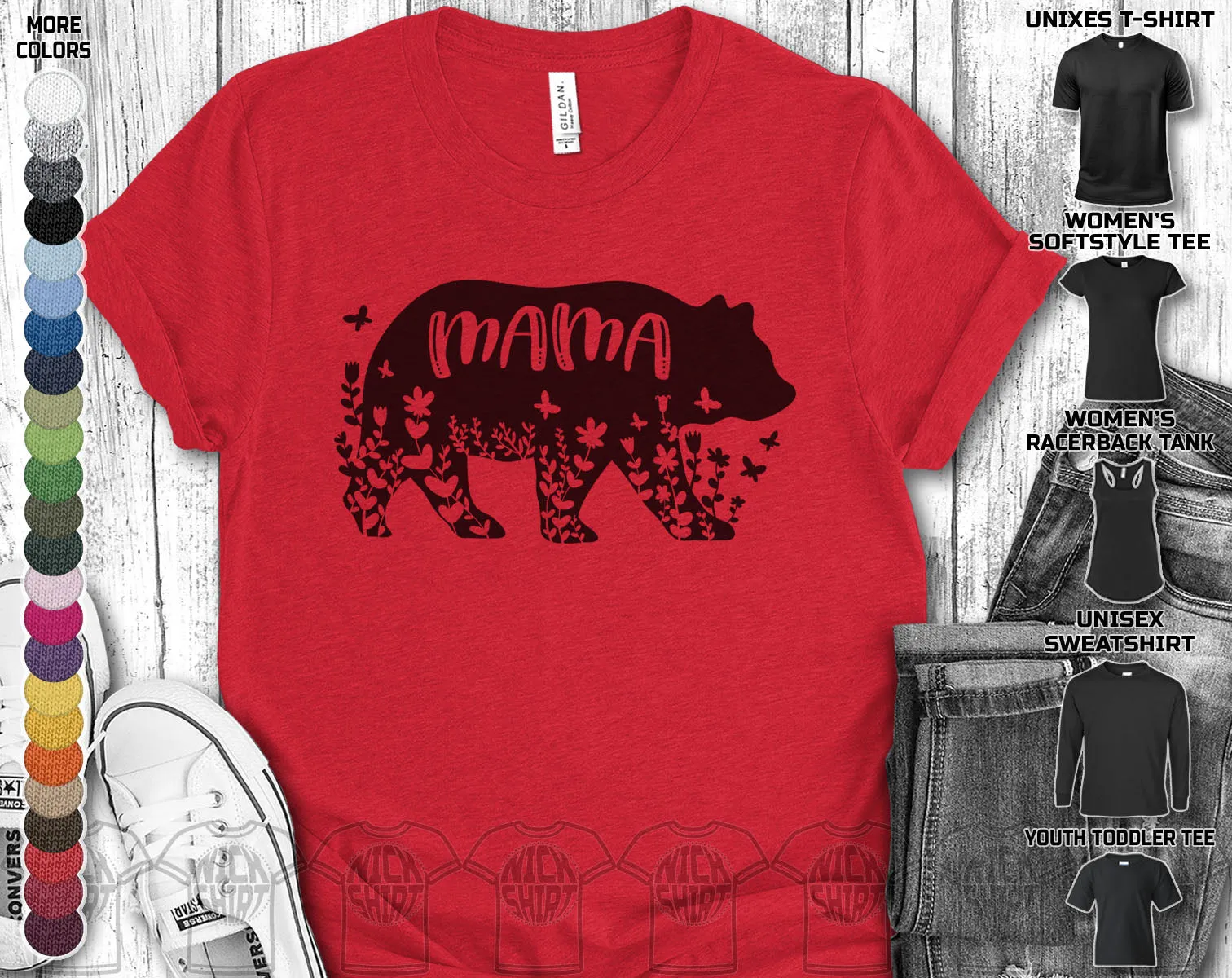 Dad Daddy Papa Mama Mom Mammy Bear Grizzly Flower Animal Mothers Fathers Day Nurse Love Heart Family Gift Unisex T-Shirt