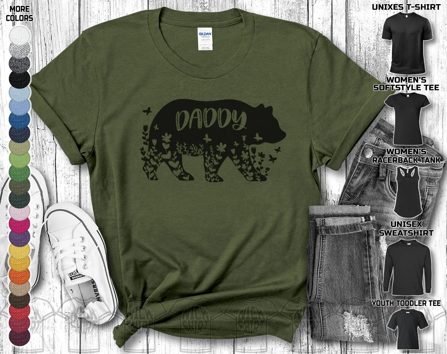 Dad Daddy Papa Mama Mom Mammy Bear Grizzly Flower Animal Mothers Fathers Day Nurse Love Heart Family Gift Unisex T-Shirt