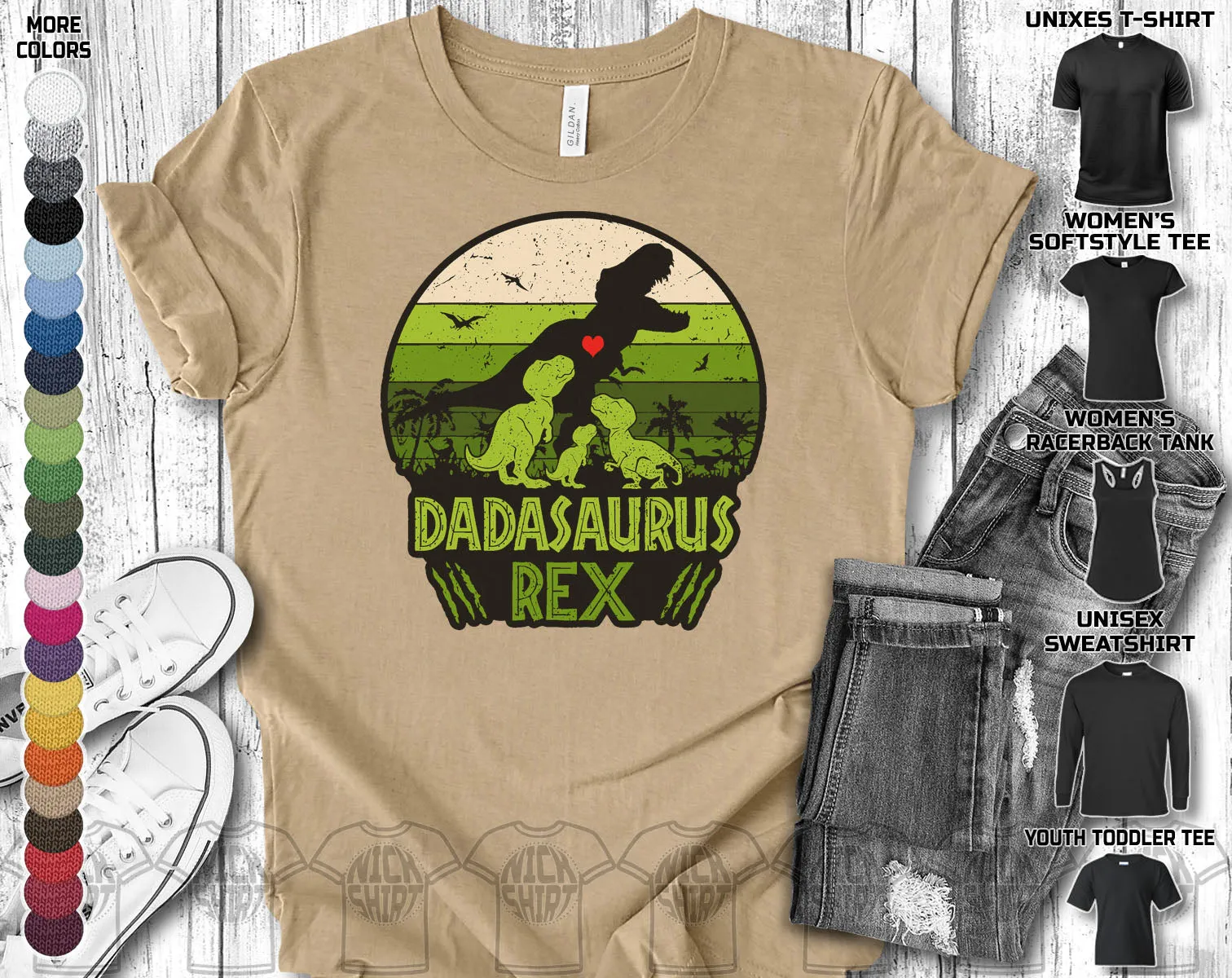 Dadasaurus Rex 3 Babies Papa Dad Daddy Fathers Day Trex Dinosaurus Dino Love Heart Family Gift Unisex T-Shirt