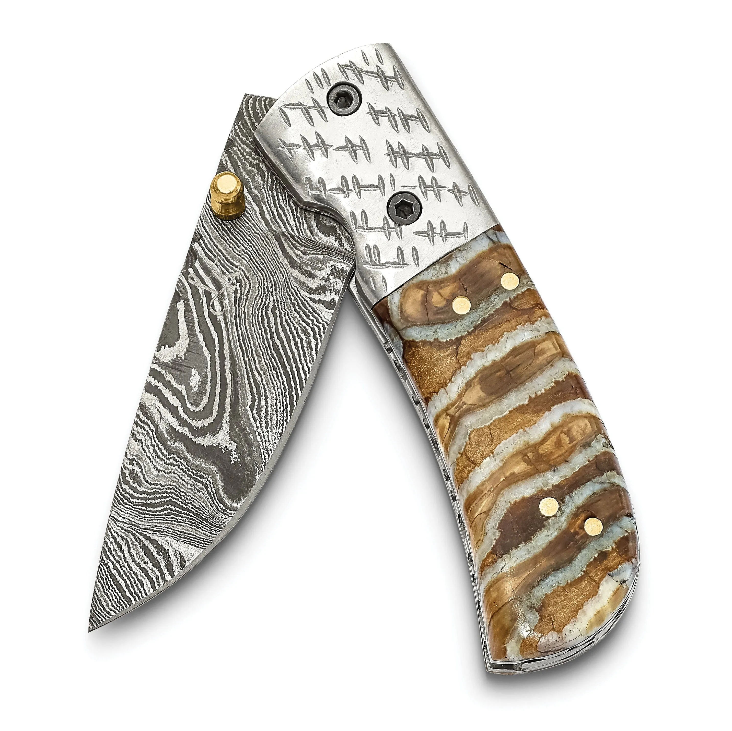 Damascus Steel 256 Layer Woolly Mammoth Tooth/Steel Handle Folding Knife