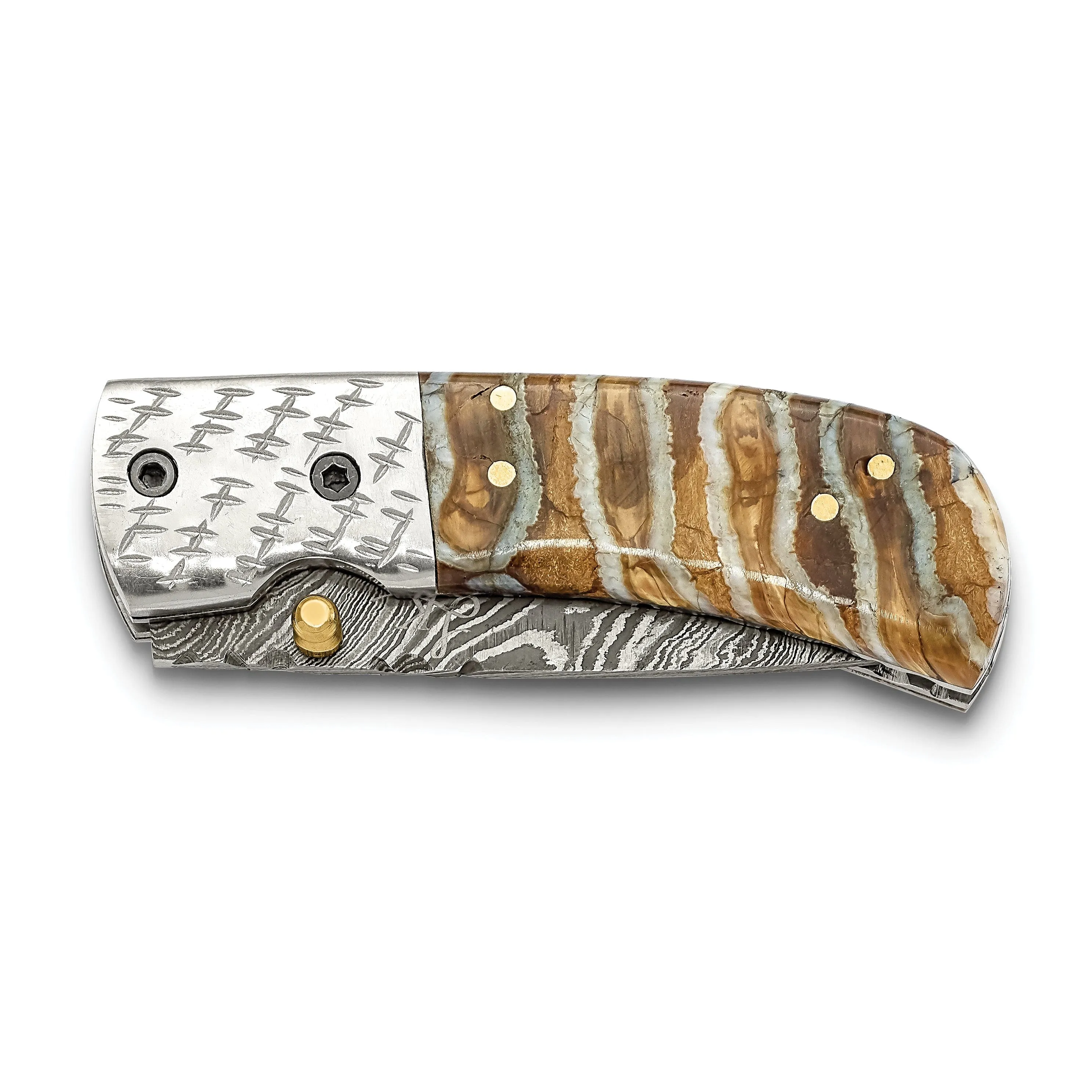 Damascus Steel 256 Layer Woolly Mammoth Tooth/Steel Handle Folding Knife