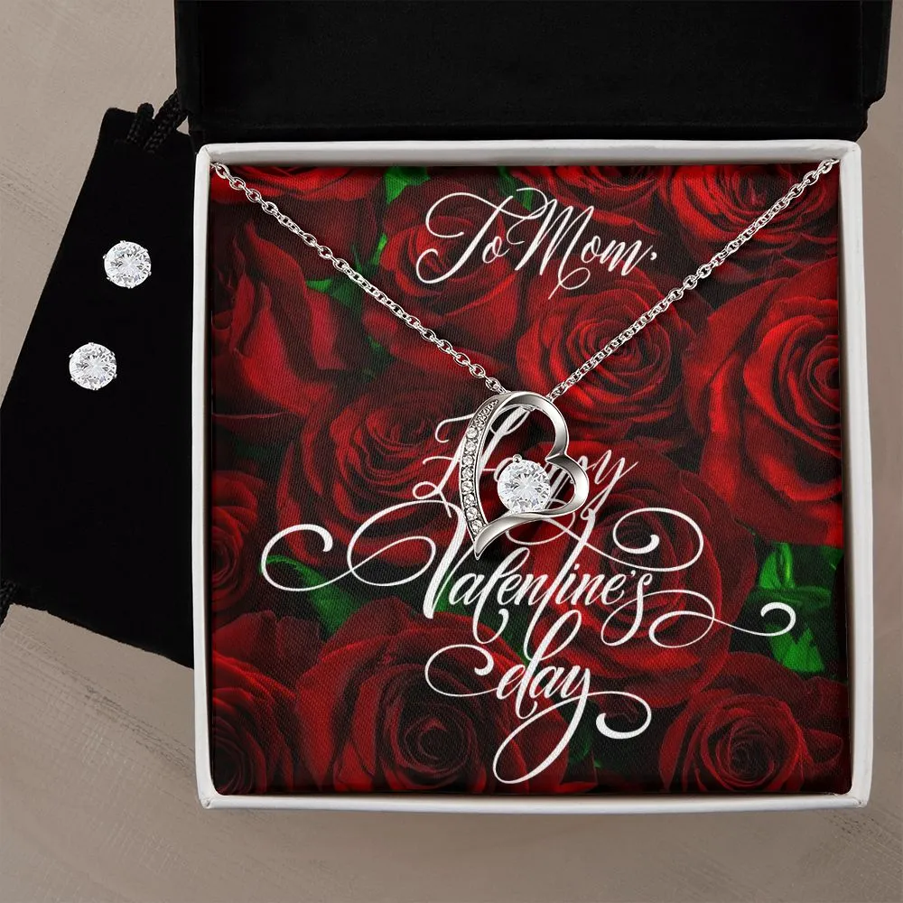 Dark Rose Mom Valentine's Forever Heart Necklace & Cubic Zirconia Earring Set