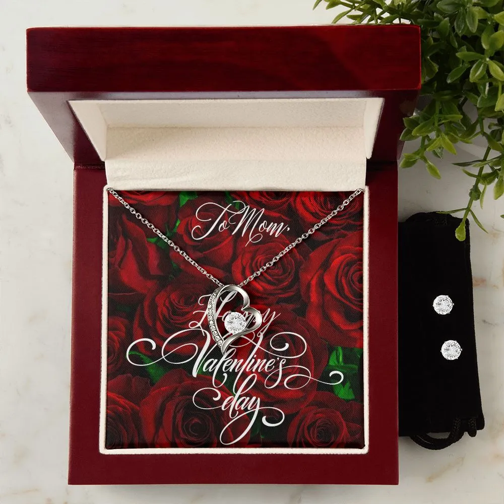 Dark Rose Mom Valentine's Forever Heart Necklace & Cubic Zirconia Earring Set