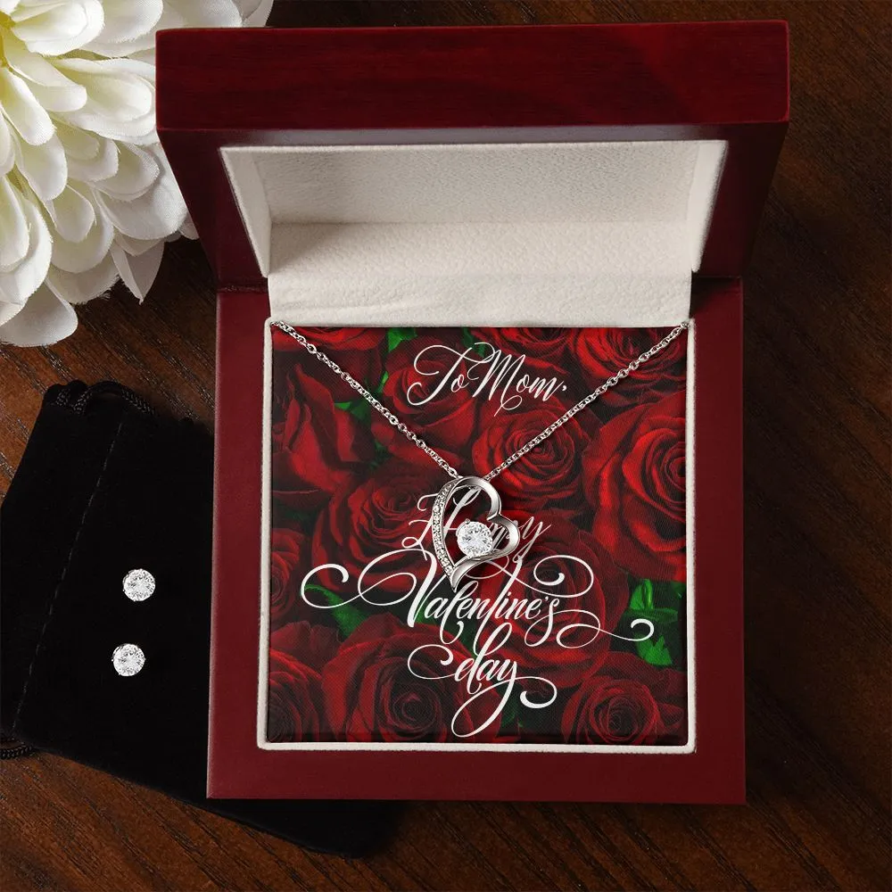 Dark Rose Mom Valentine's Forever Heart Necklace & Cubic Zirconia Earring Set