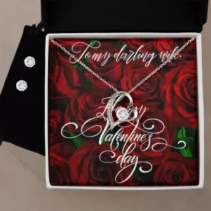 Dark Rose Wife Valentine's Forever Heart Necklace & Cubic Zirconia Earring Set