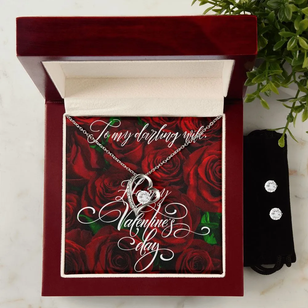 Dark Rose Wife Valentine's Forever Heart Necklace & Cubic Zirconia Earring Set