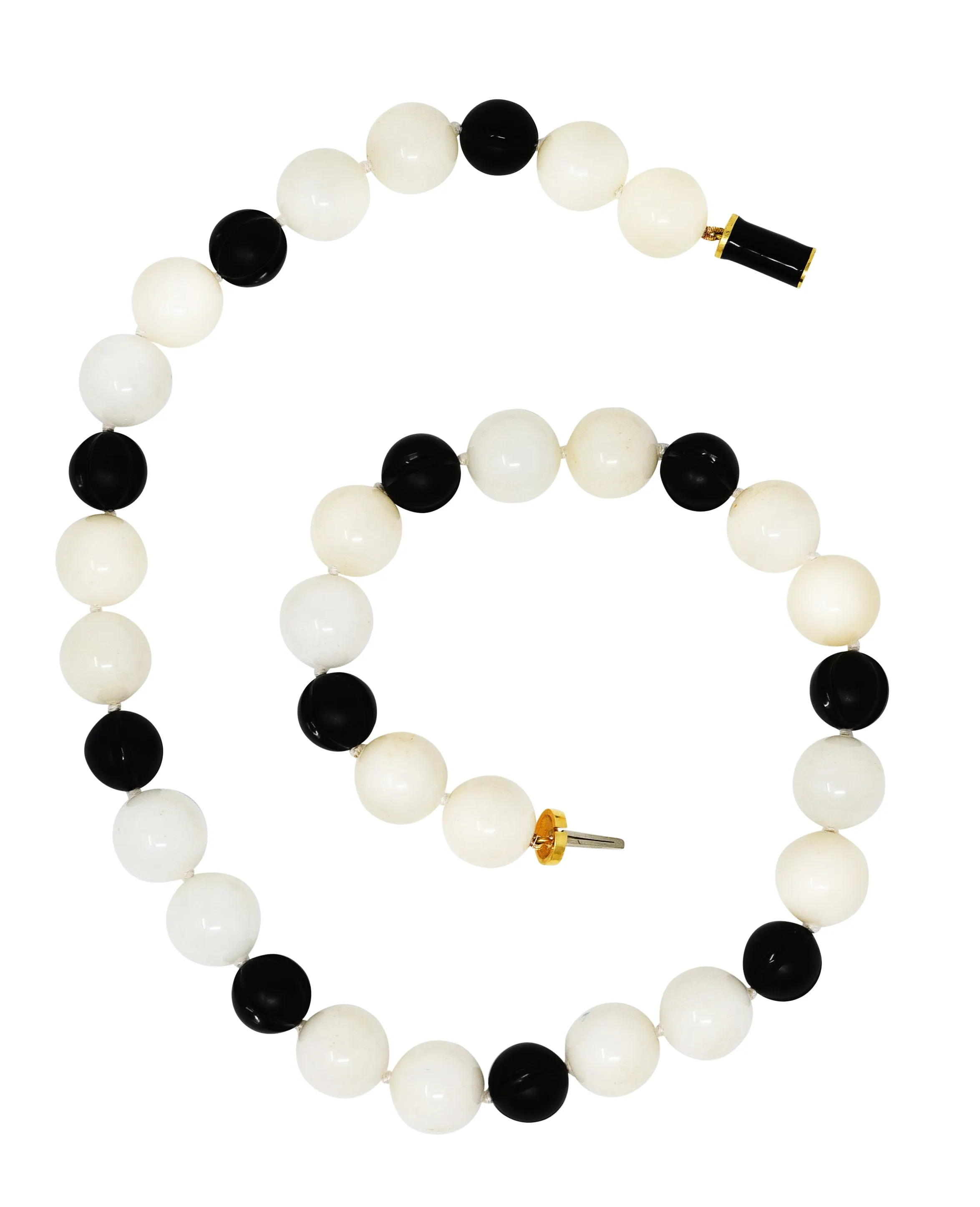 David Webb 1980's Onyx Rock Crystal Quartz Enamel 18 Karat Yellow Gold Bead Strand Vintage Necklace