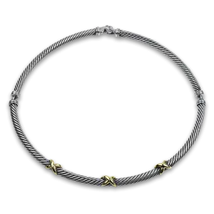 David Yurman Estate Sterling Silver & 14K Yellow Gold Classic Cable Hinged Station Necklace
