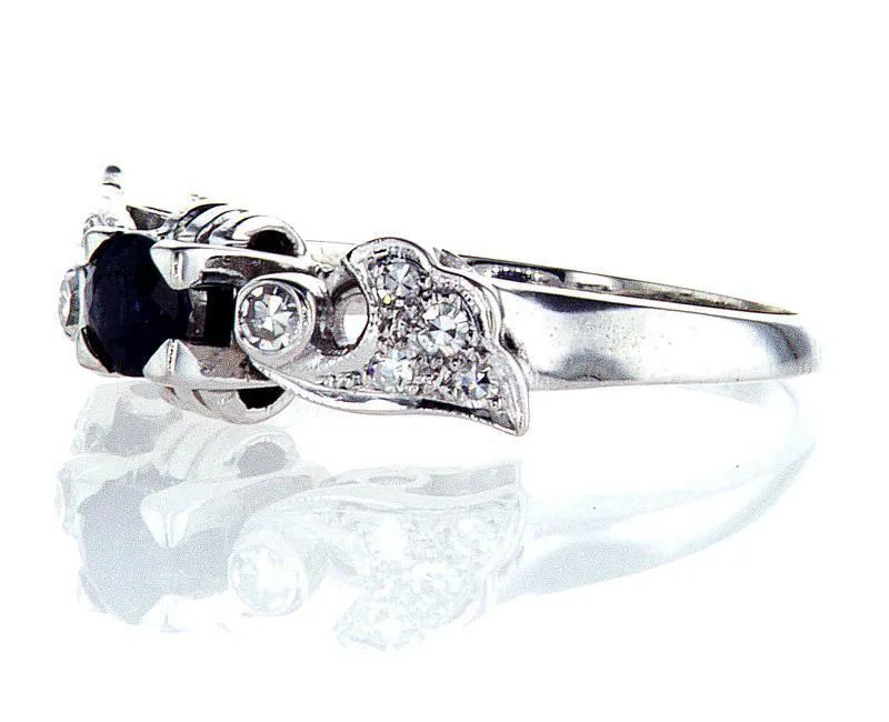 Diamond and Blue Sapphire Natural Round 14k White Gold Engagement Ring 0.60 CTW