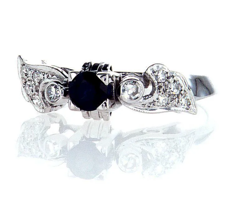 Diamond and Blue Sapphire Natural Round 14k White Gold Engagement Ring 0.60 CTW