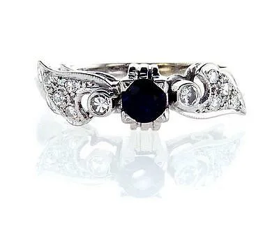 Diamond and Blue Sapphire Natural Round 14k White Gold Engagement Ring 0.60 CTW