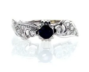 Diamond and Blue Sapphire Natural Round 14k White Gold Engagement Ring 0.60 CTW