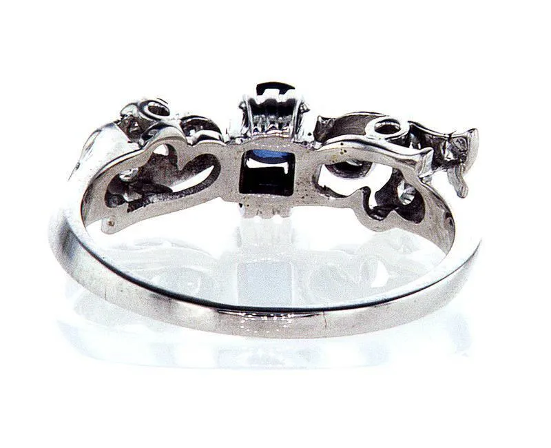 Diamond and Blue Sapphire Natural Round 14k White Gold Engagement Ring 0.60 CTW