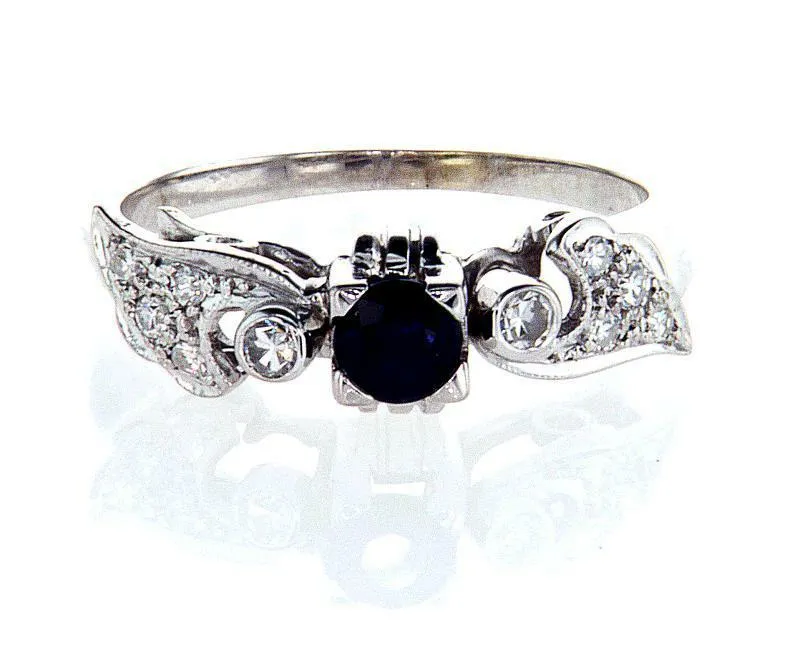Diamond and Blue Sapphire Natural Round 14k White Gold Engagement Ring 0.60 CTW