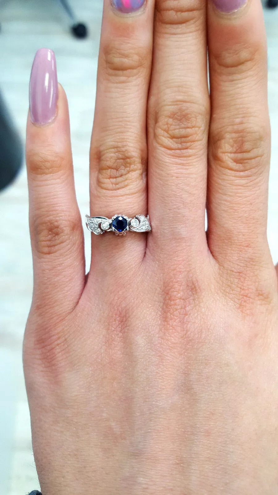 Diamond and Blue Sapphire Natural Round 14k White Gold Engagement Ring 0.60 CTW