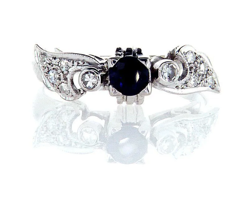 Diamond and Blue Sapphire Natural Round 14k White Gold Engagement Ring 0.60 CTW