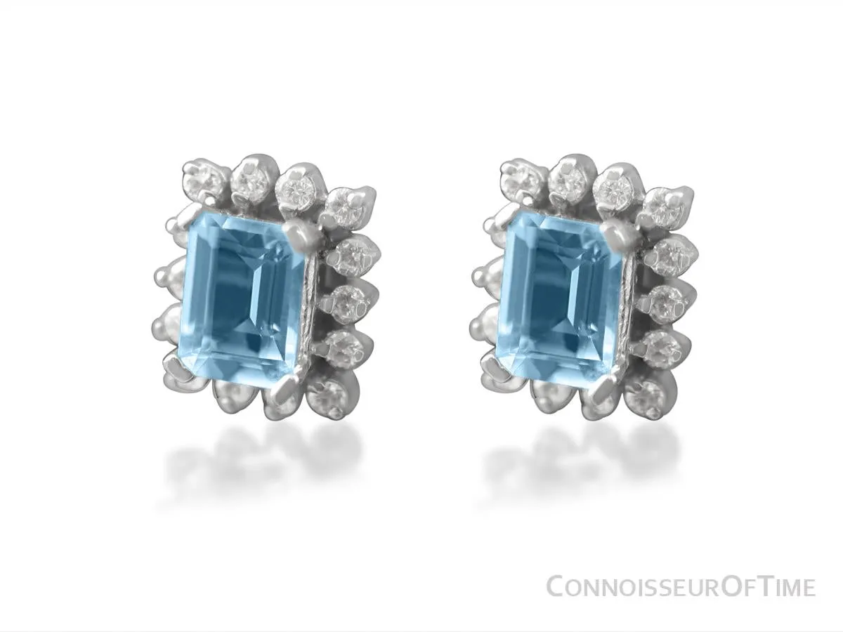 Diamond, Aquamarine and 14K White Gold Stud Earrings, 2.1 Carats Total Gem Weight